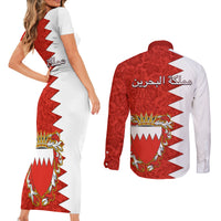 Bahrain Independence Day Couples Matching Short Sleeve Bodycon Dress and Long Sleeve Button Shirt Bahrayn Coat Of Arms Floral Pattern - Wonder Print Shop