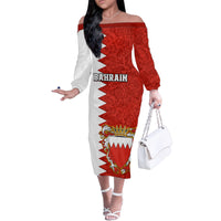 Bahrain Independence Day Family Matching Off Shoulder Long Sleeve Dress and Hawaiian Shirt Bahrayn Coat Of Arms Floral Pattern - Wonder Print Shop