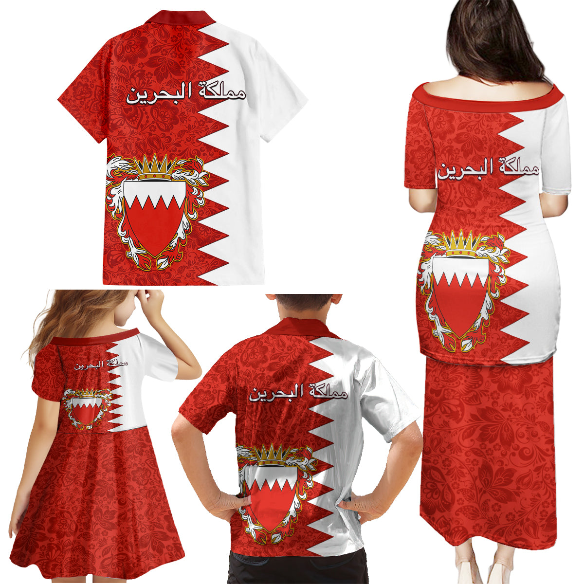 Bahrain Independence Day Family Matching Puletasi Dress and Hawaiian Shirt Bahrayn Coat Of Arms Floral Pattern - Wonder Print Shop