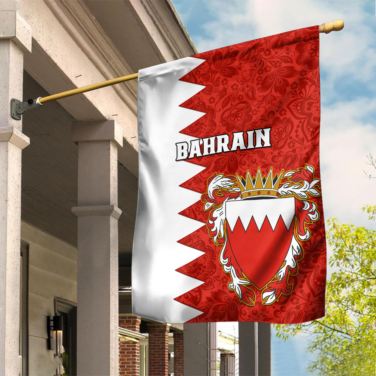 Bahrain Independence Day Garden Flag Bahrayn Coat Of Arms Floral Pattern - Wonder Print Shop