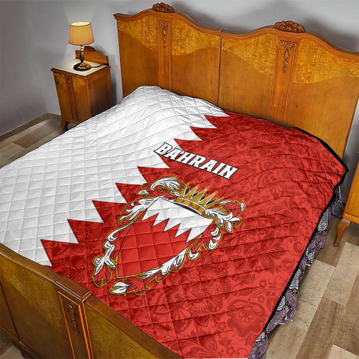 Bahrain Independence Day Quilt Bahrayn Coat Of Arms Floral Pattern - Wonder Print Shop