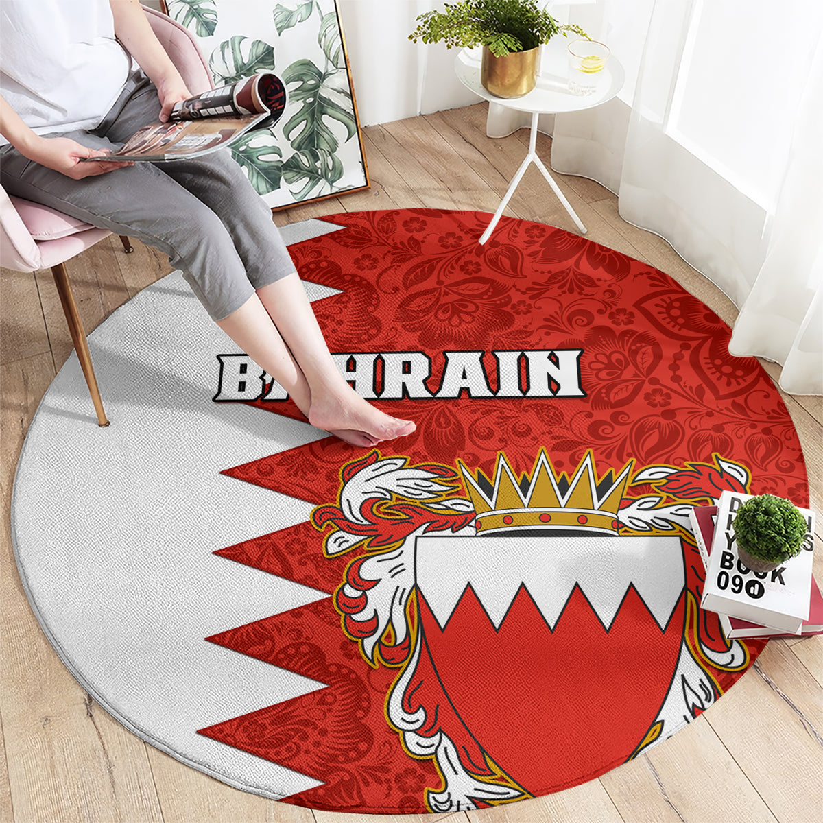 bahrain-independence-day-round-carpet-bahrayn-coat-of-arms-floral-pattern