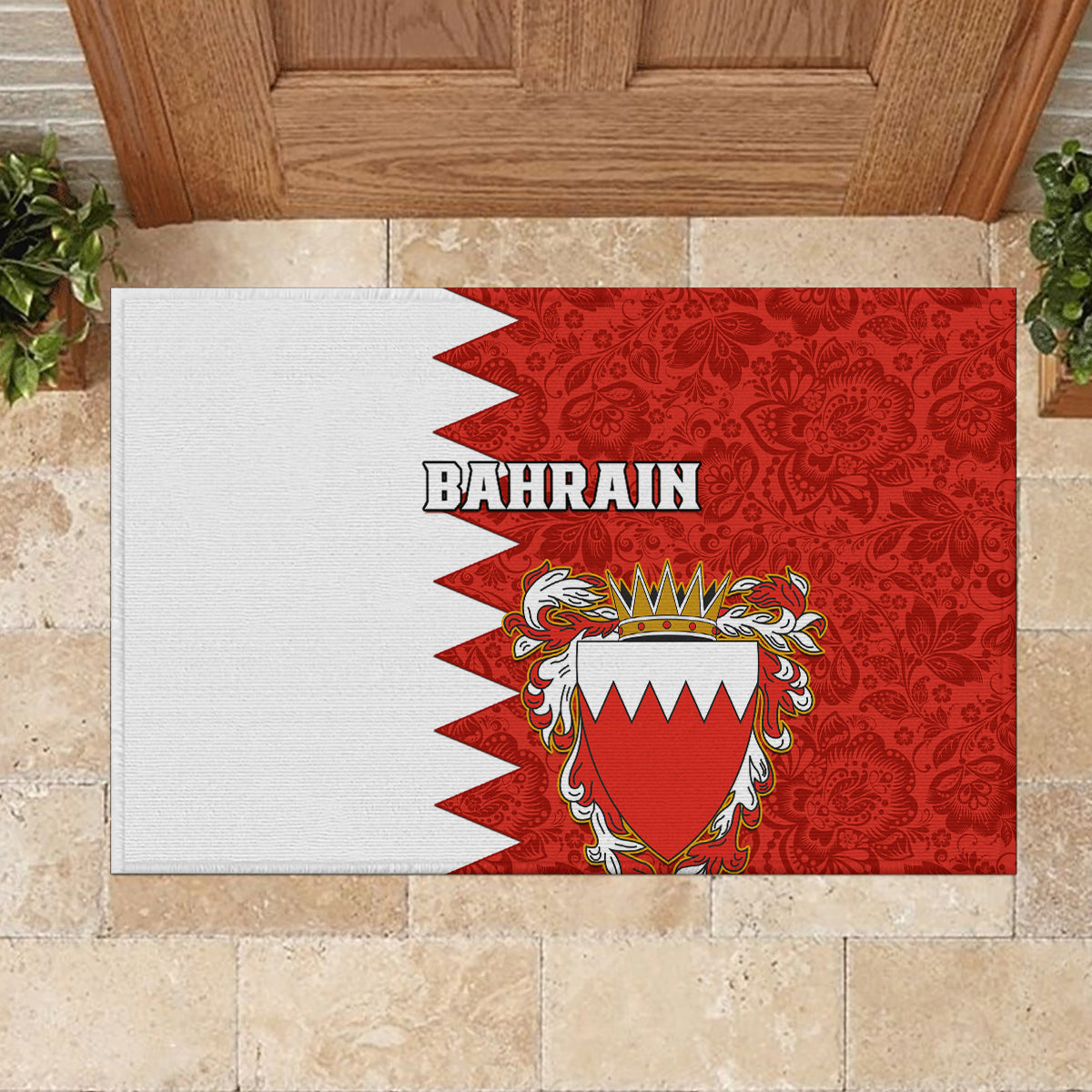Bahrain Independence Day Rubber Doormat Bahrayn Coat Of Arms Floral Pattern - Wonder Print Shop