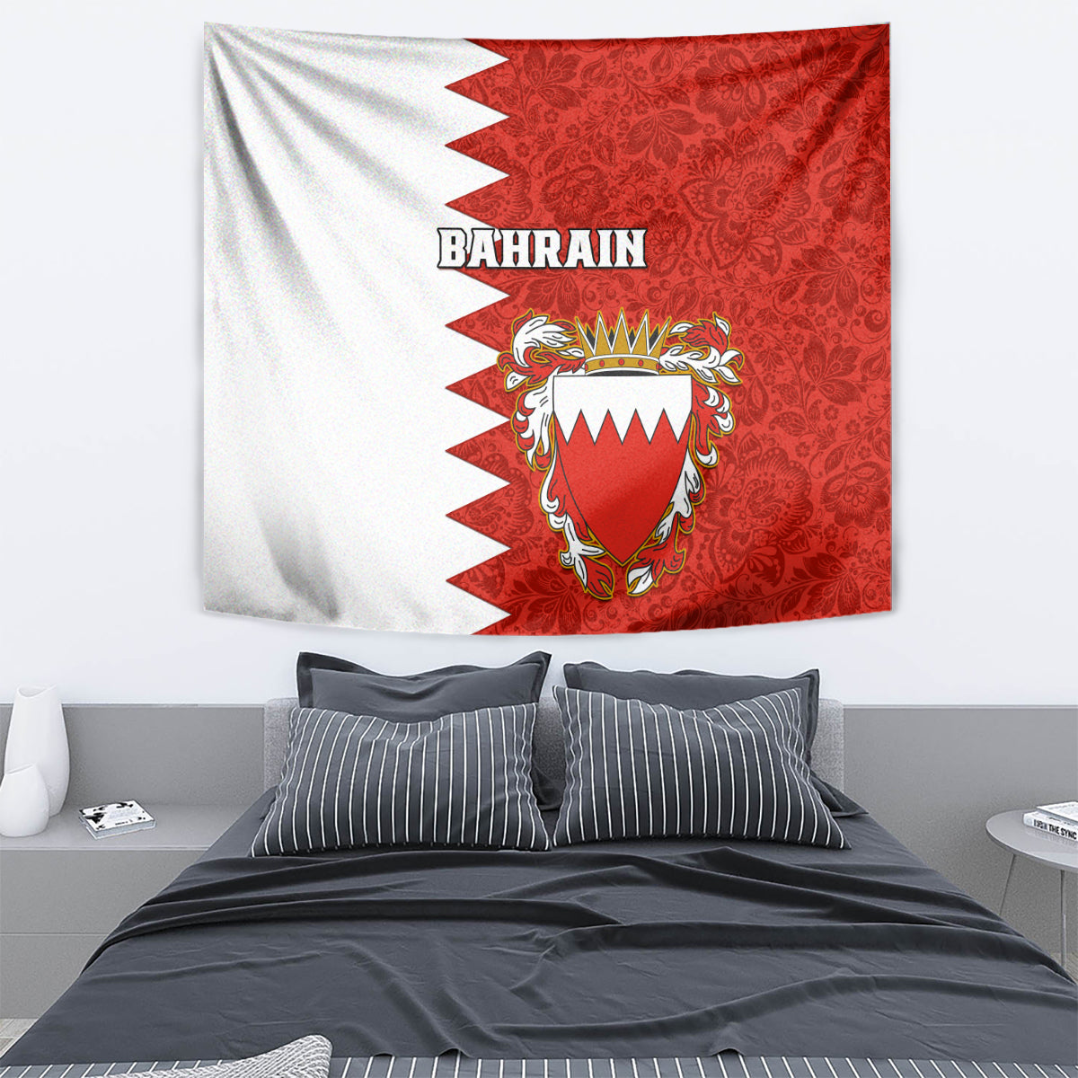 Bahrain Independence Day Tapestry Bahrayn Coat Of Arms Floral Pattern - Wonder Print Shop