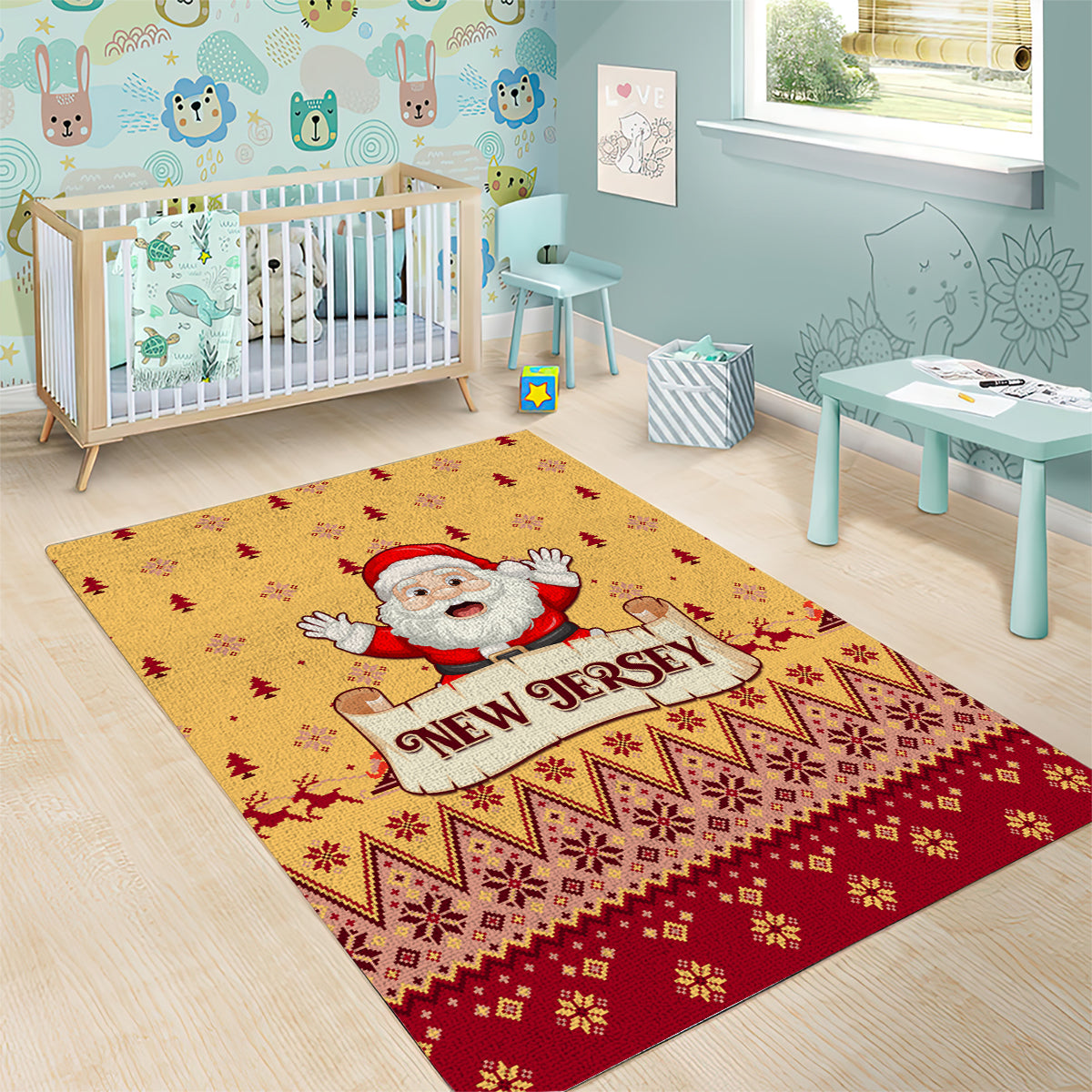 New Jersey Christmas Area Rug Cheerful Santa Claus Xmas Pattern - Wonder Print Shop