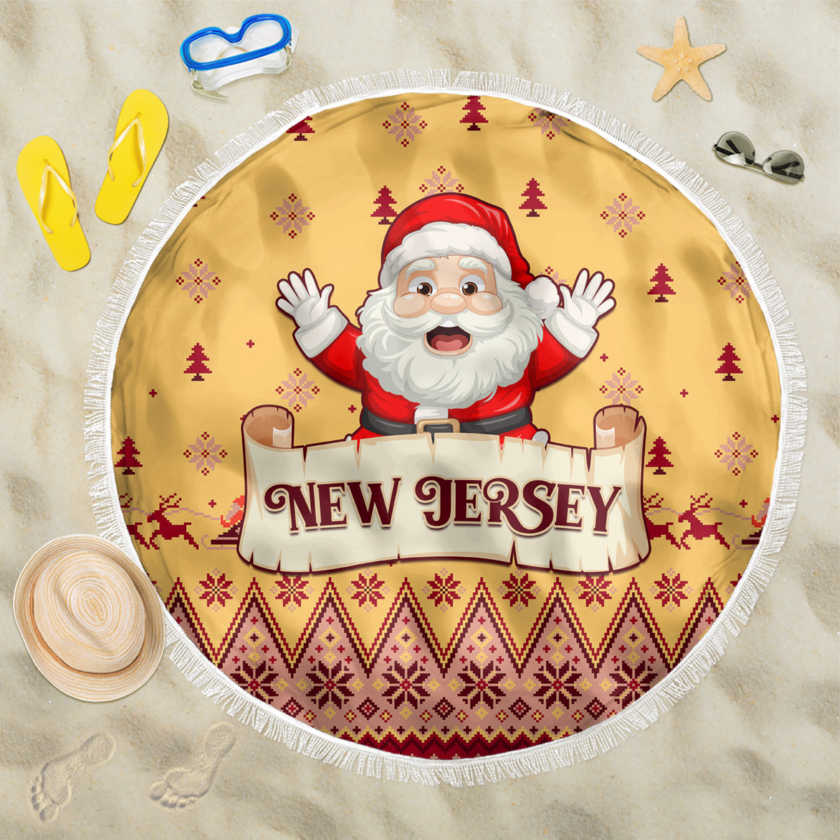 New Jersey Christmas Beach Blanket Cheerful Santa Claus Xmas Pattern - Wonder Print Shop