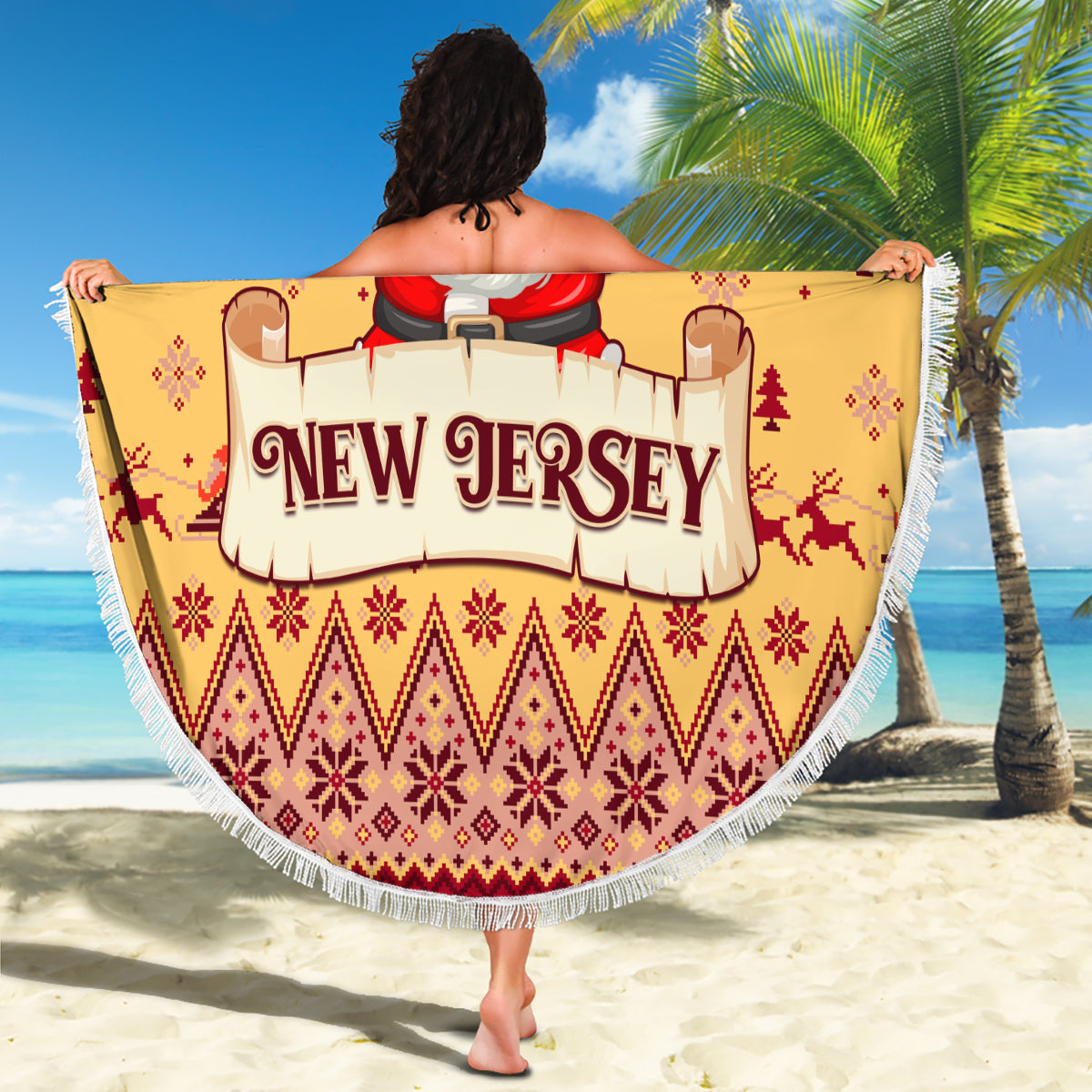 New Jersey Christmas Beach Blanket Cheerful Santa Claus Xmas Pattern - Wonder Print Shop