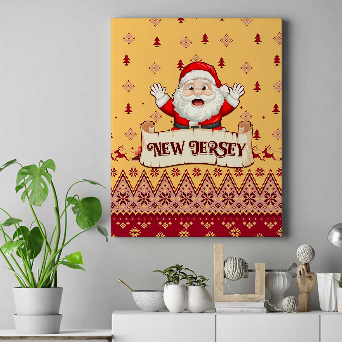 New Jersey Christmas Canvas Wall Art Cheerful Santa Claus Xmas Pattern - Wonder Print Shop