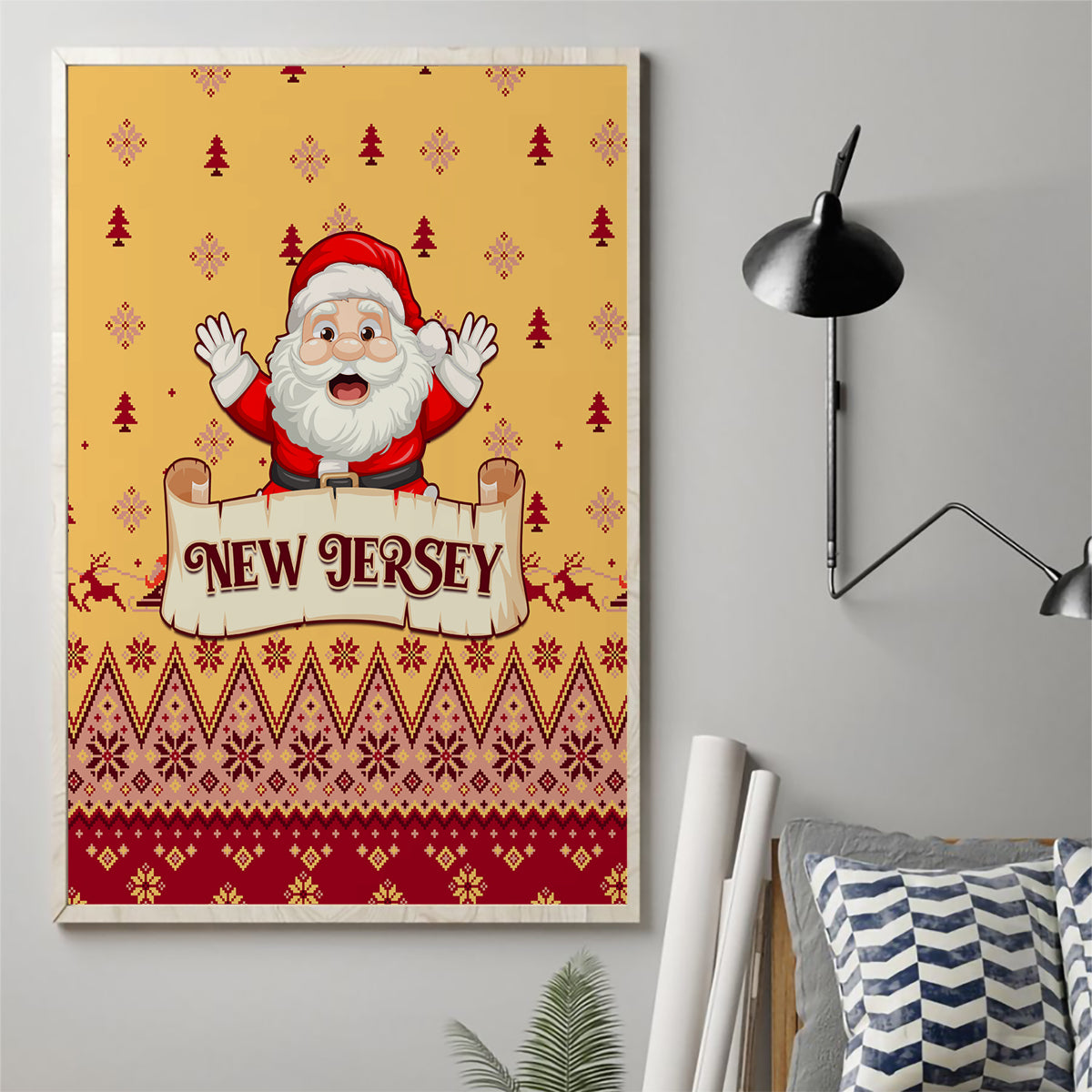 New Jersey Christmas Canvas Wall Art Cheerful Santa Claus Xmas Pattern - Wonder Print Shop