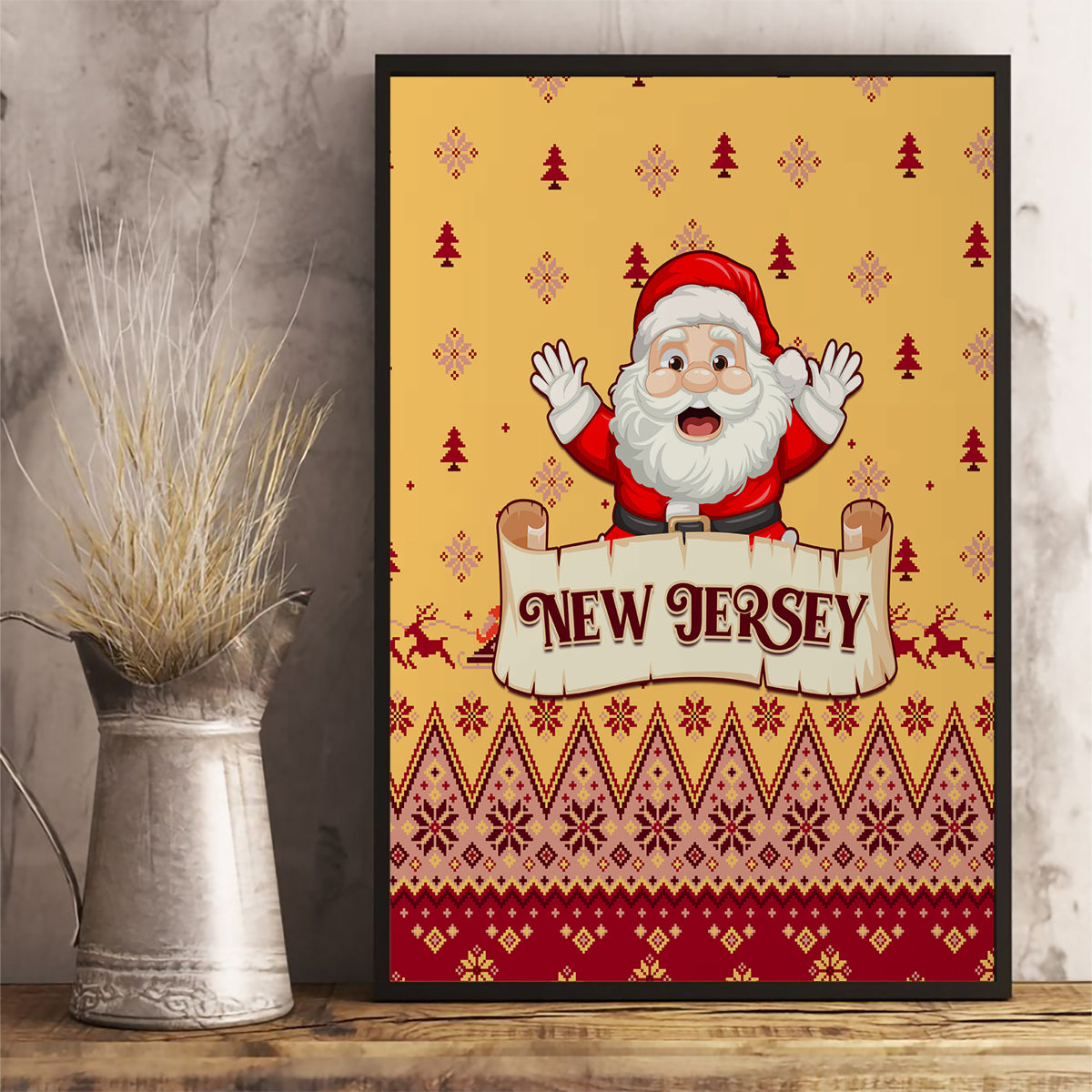New Jersey Christmas Canvas Wall Art Cheerful Santa Claus Xmas Pattern - Wonder Print Shop