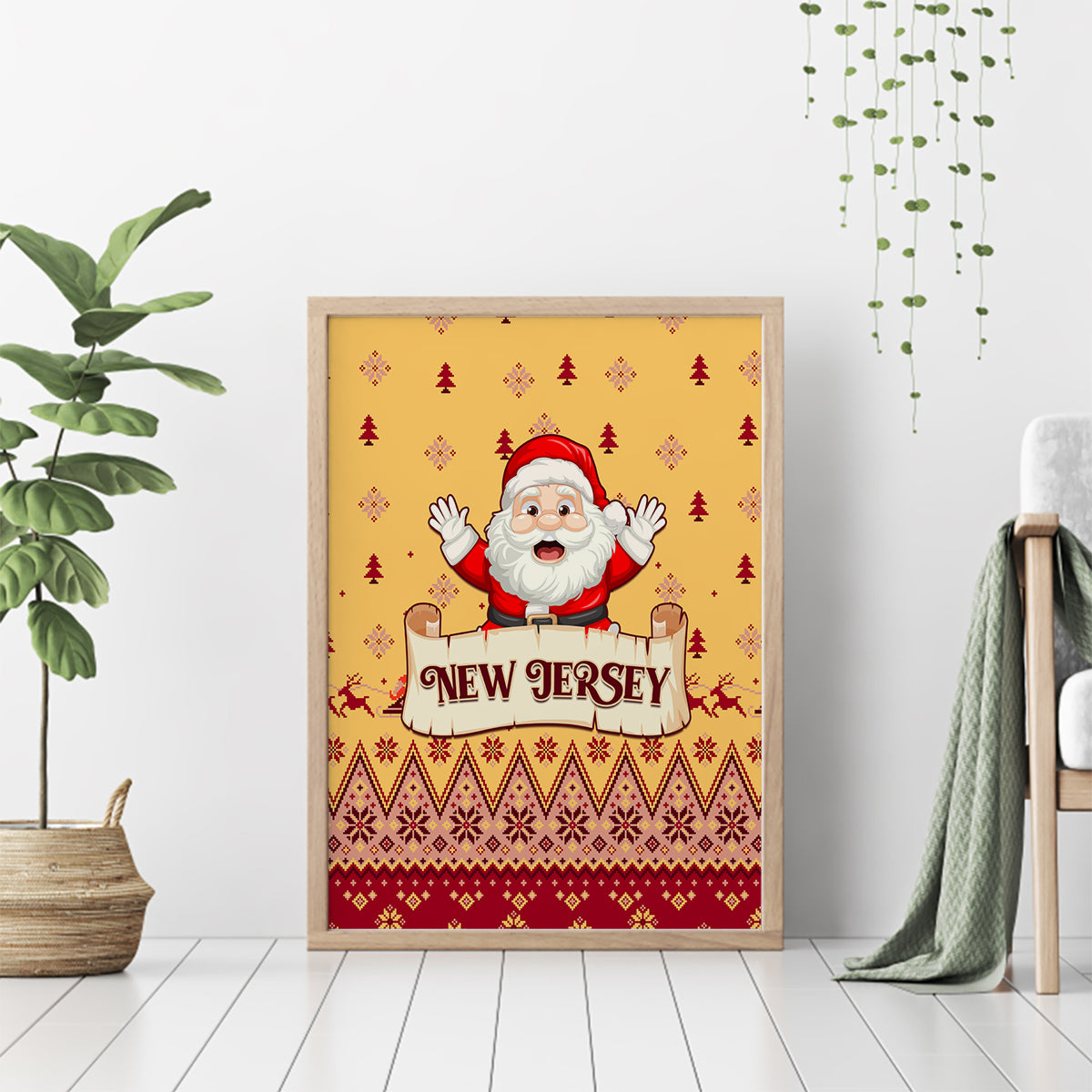 New Jersey Christmas Canvas Wall Art Cheerful Santa Claus Xmas Pattern - Wonder Print Shop