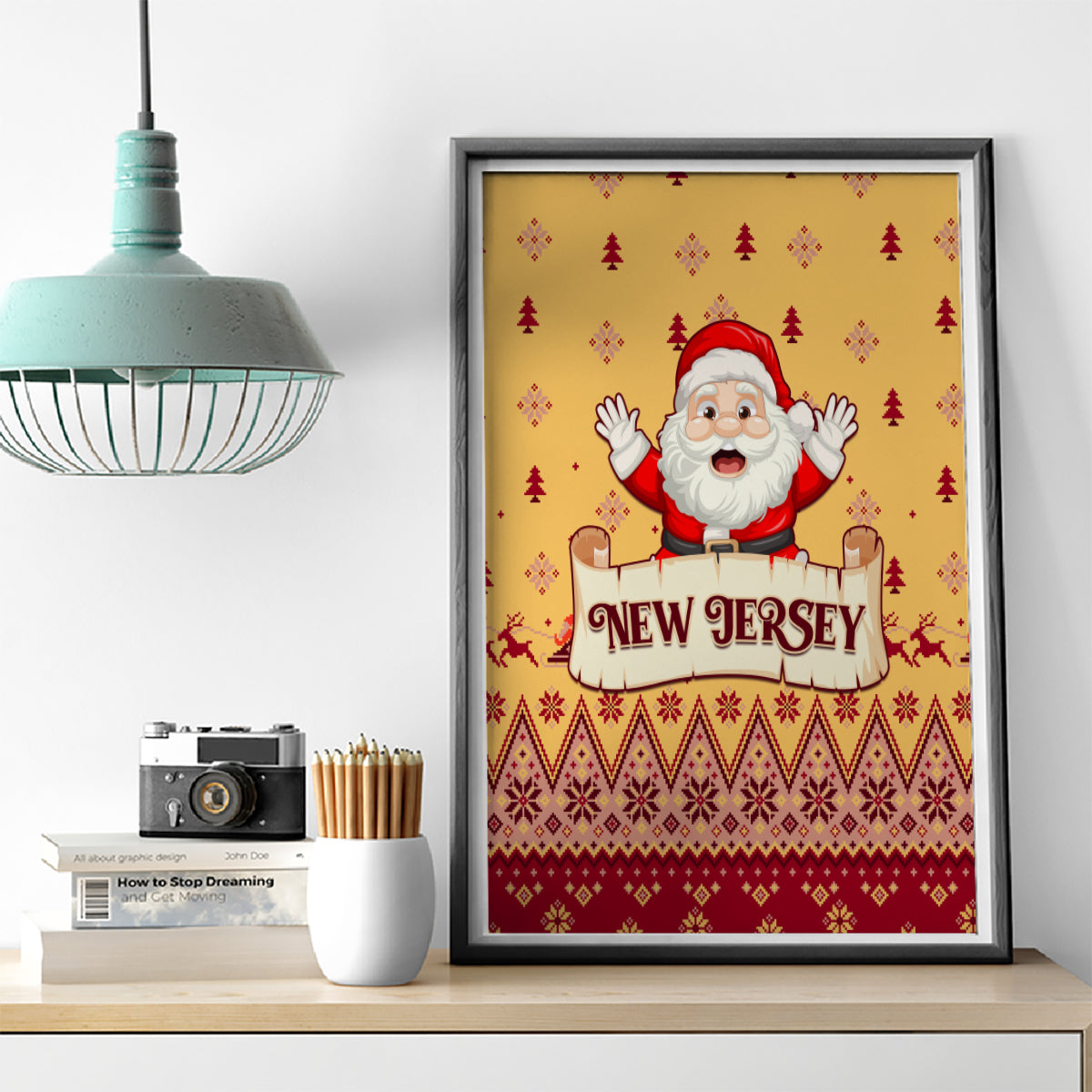 New Jersey Christmas Canvas Wall Art Cheerful Santa Claus Xmas Pattern - Wonder Print Shop