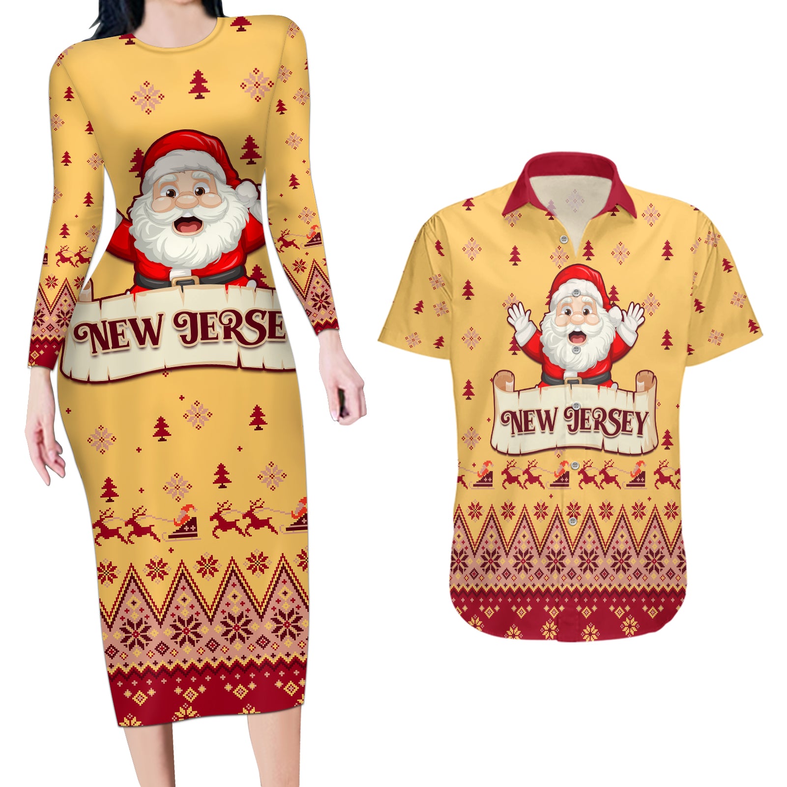 New Jersey Christmas Couples Matching Long Sleeve Bodycon Dress and Hawaiian Shirt Cheerful Santa Claus Xmas Pattern - Wonder Print Shop