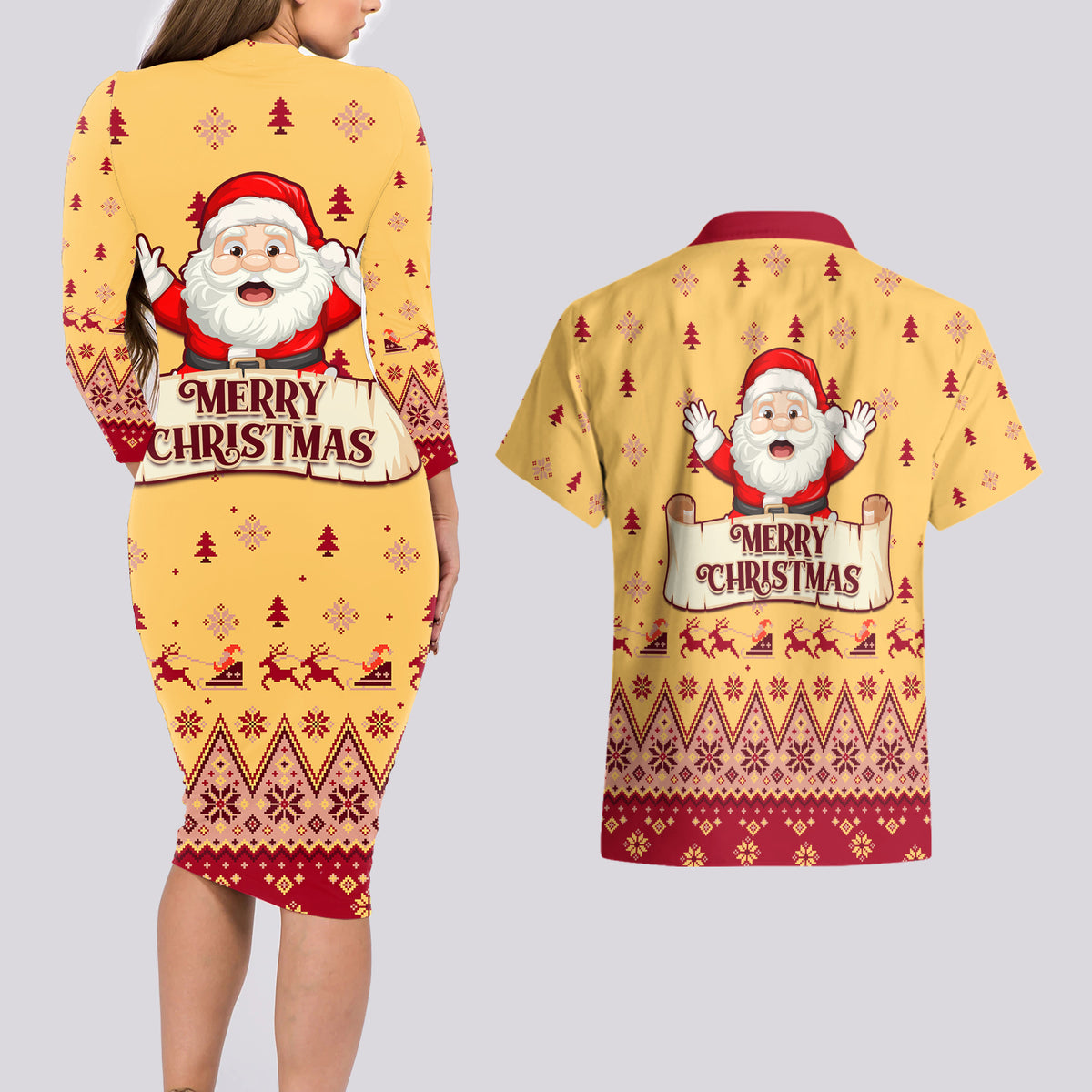 New Jersey Christmas Couples Matching Long Sleeve Bodycon Dress and Hawaiian Shirt Cheerful Santa Claus Xmas Pattern - Wonder Print Shop