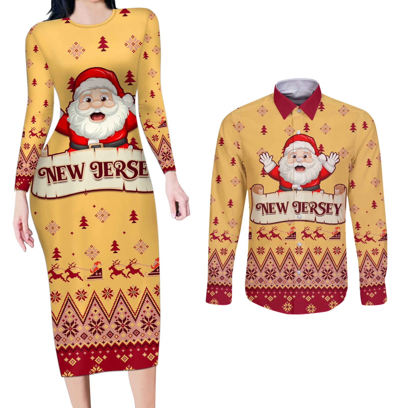 New Jersey Christmas Couples Matching Long Sleeve Bodycon Dress and Long Sleeve Button Shirt Cheerful Santa Claus Xmas Pattern - Wonder Print Shop