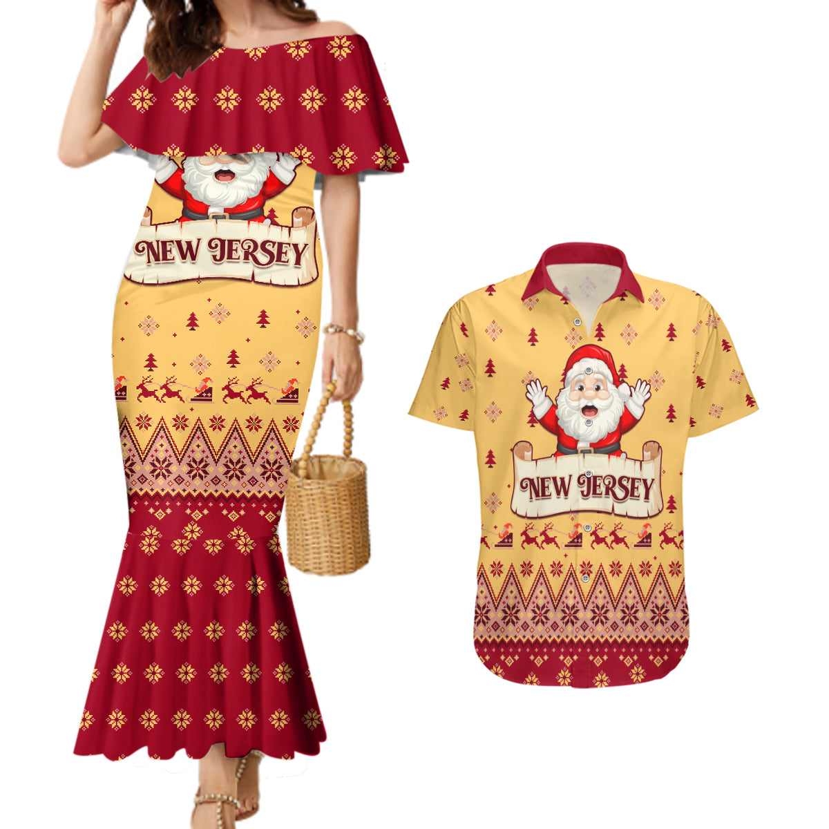 New Jersey Christmas Couples Matching Mermaid Dress and Hawaiian Shirt Cheerful Santa Claus Xmas Pattern - Wonder Print Shop