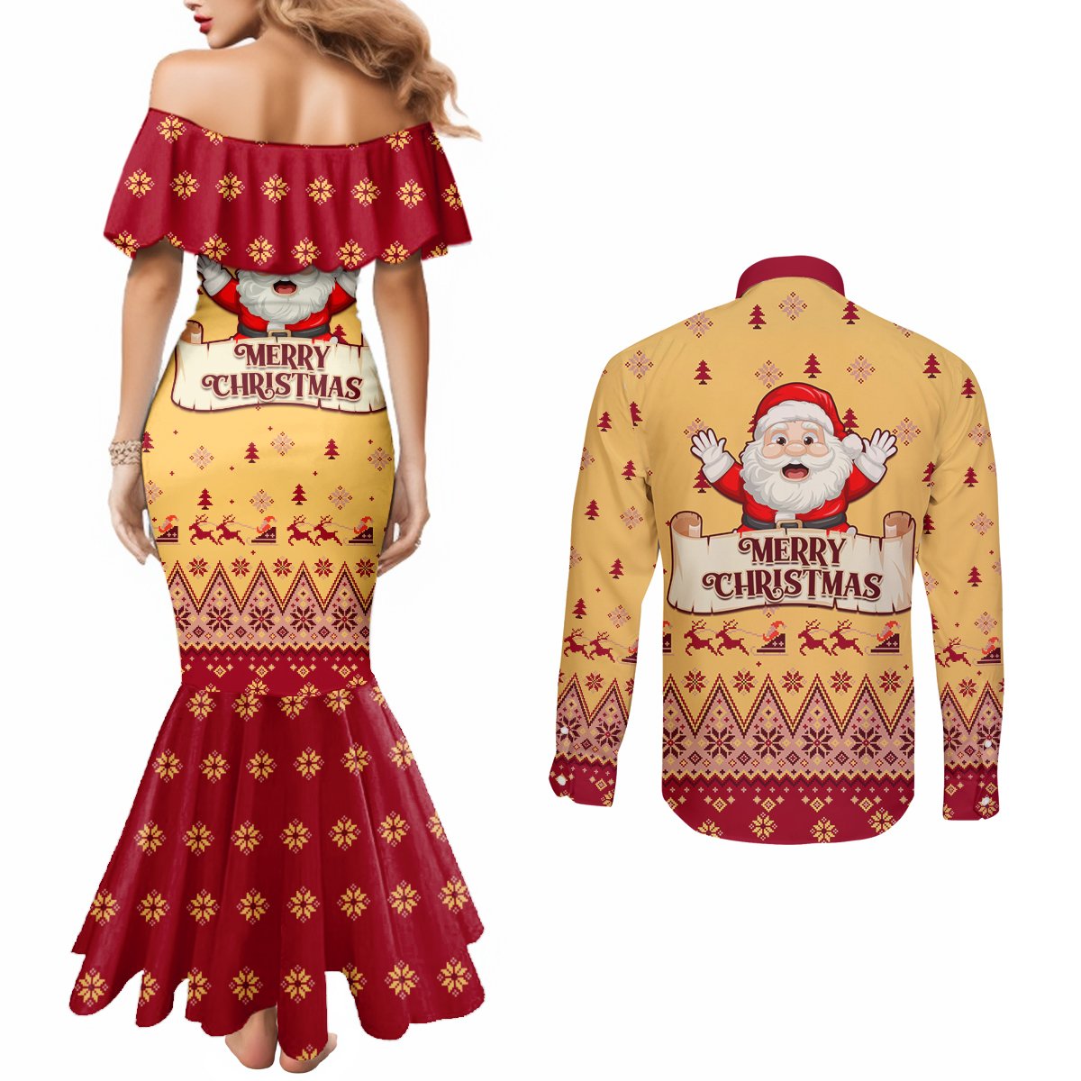 new-jersey-christmas-couples-matching-mermaid-dress-and-long-sleeve-button-shirt-cheerful-santa-claus-xmas-pattern