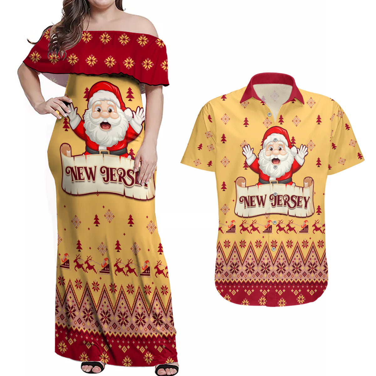New Jersey Christmas Couples Matching Off Shoulder Maxi Dress and Hawaiian Shirt Cheerful Santa Claus Xmas Pattern - Wonder Print Shop