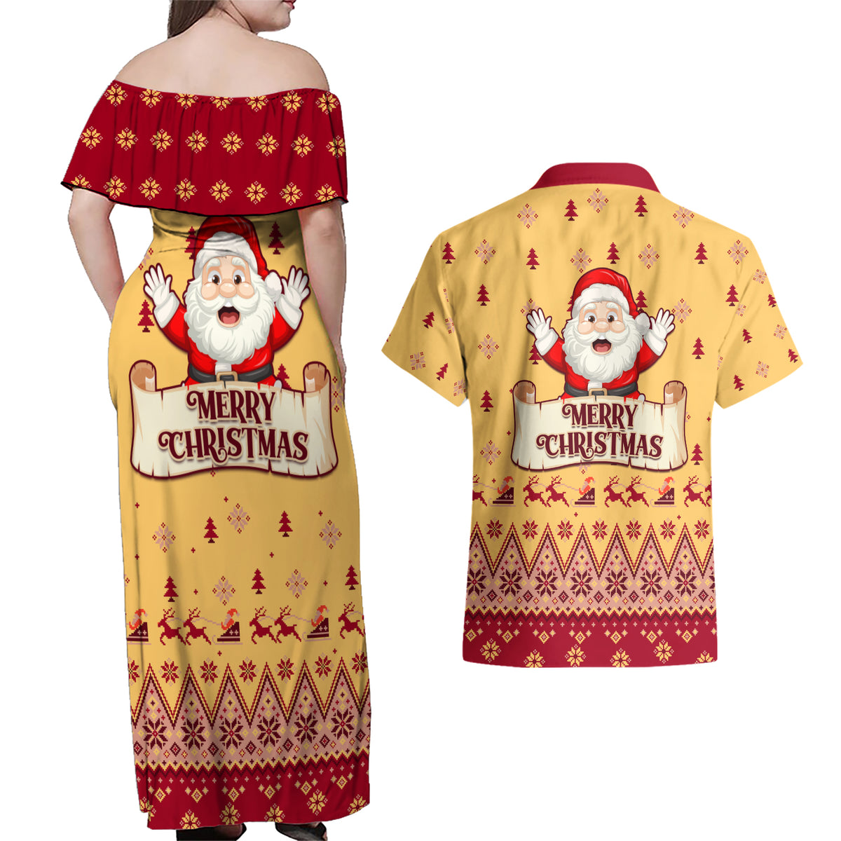 New Jersey Christmas Couples Matching Off Shoulder Maxi Dress and Hawaiian Shirt Cheerful Santa Claus Xmas Pattern - Wonder Print Shop