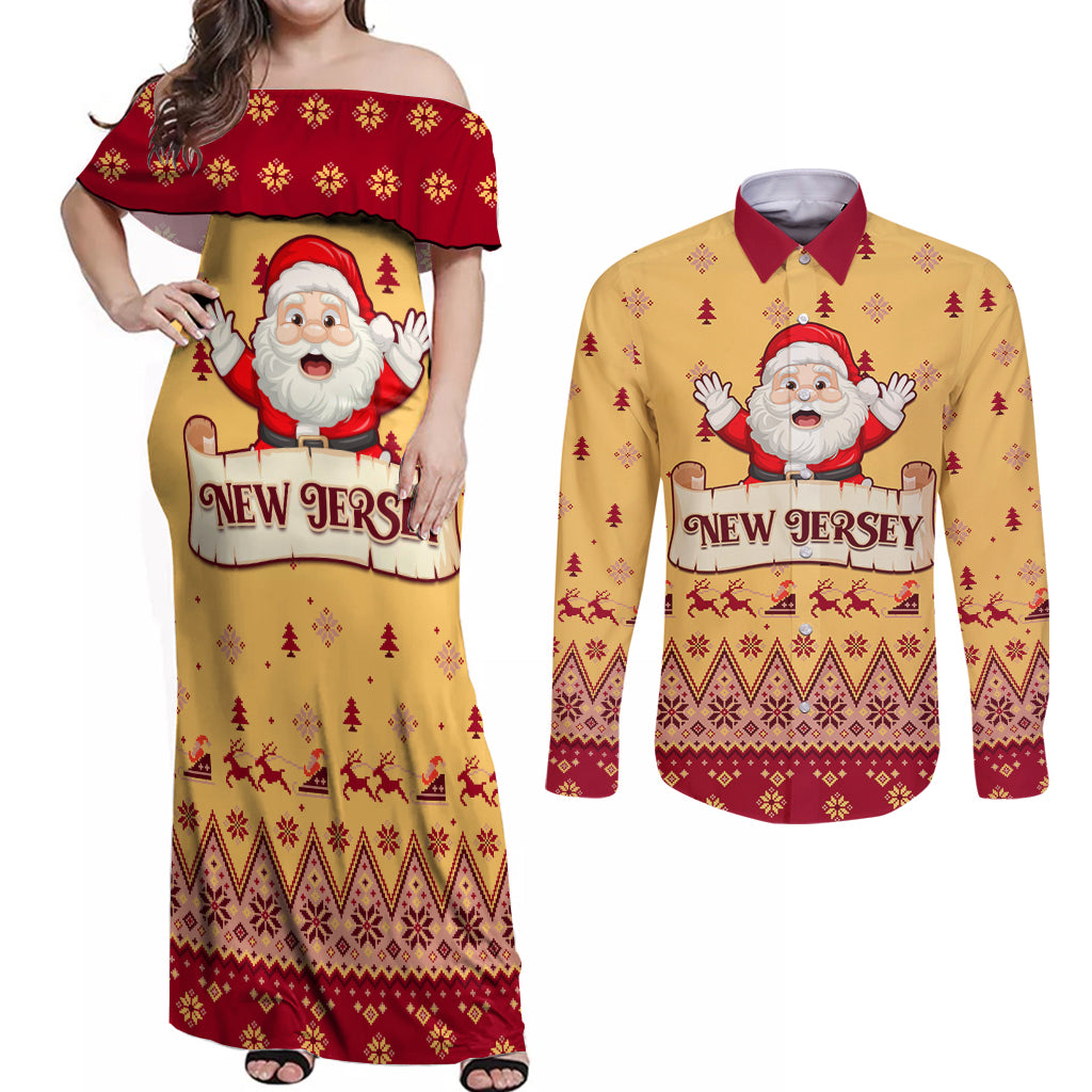 New Jersey Christmas Couples Matching Off Shoulder Maxi Dress and Long Sleeve Button Shirt Cheerful Santa Claus Xmas Pattern - Wonder Print Shop