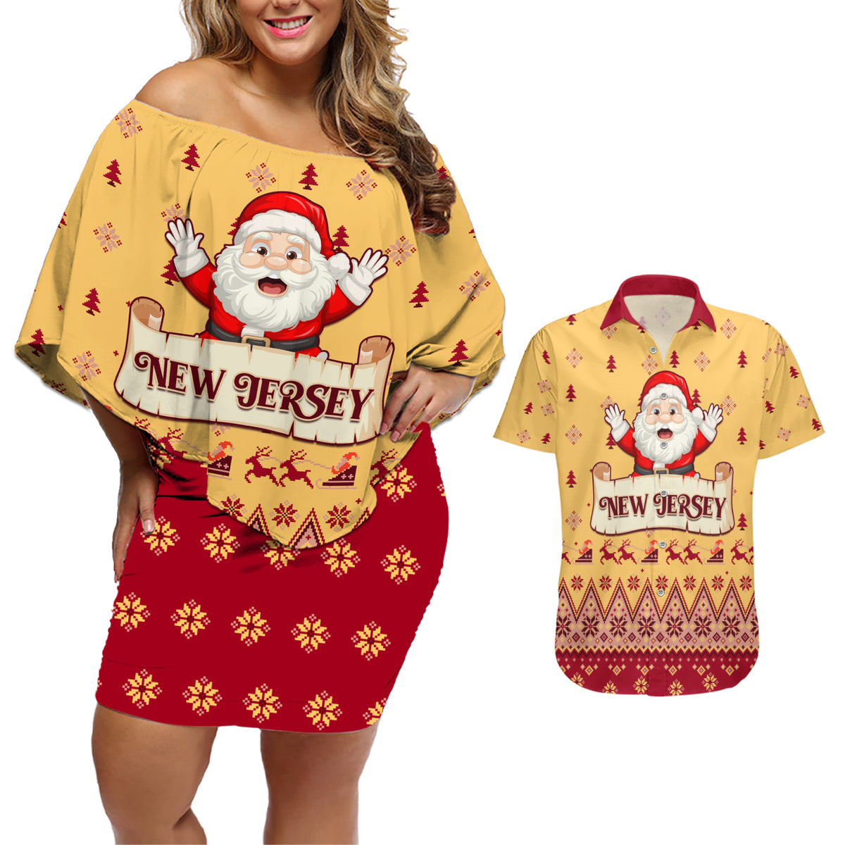 New Jersey Christmas Couples Matching Off Shoulder Short Dress and Hawaiian Shirt Cheerful Santa Claus Xmas Pattern - Wonder Print Shop