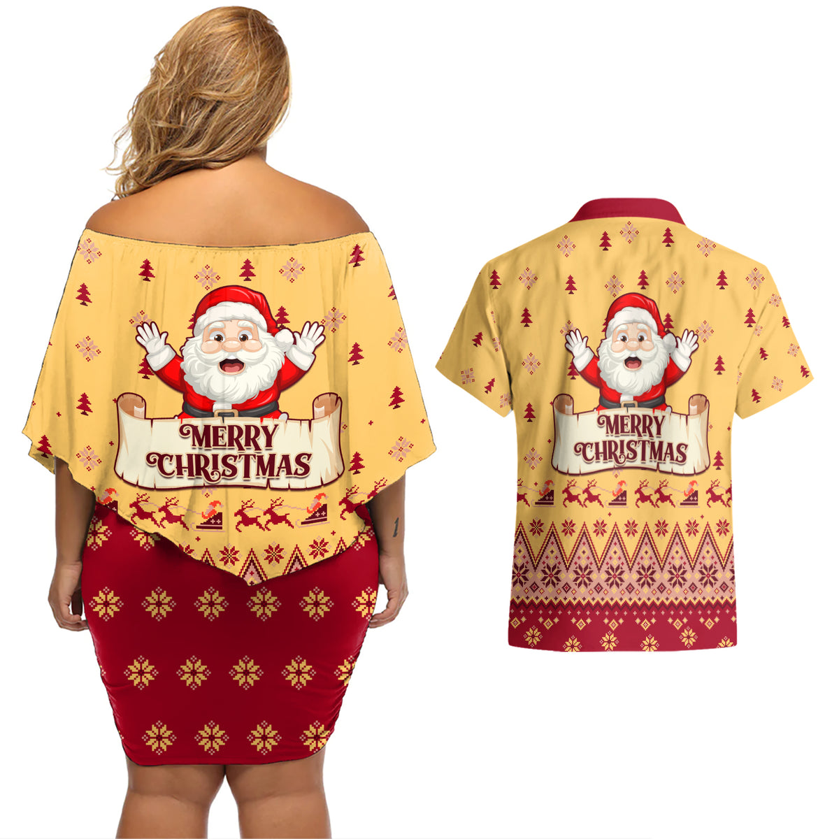 New Jersey Christmas Couples Matching Off Shoulder Short Dress and Hawaiian Shirt Cheerful Santa Claus Xmas Pattern - Wonder Print Shop