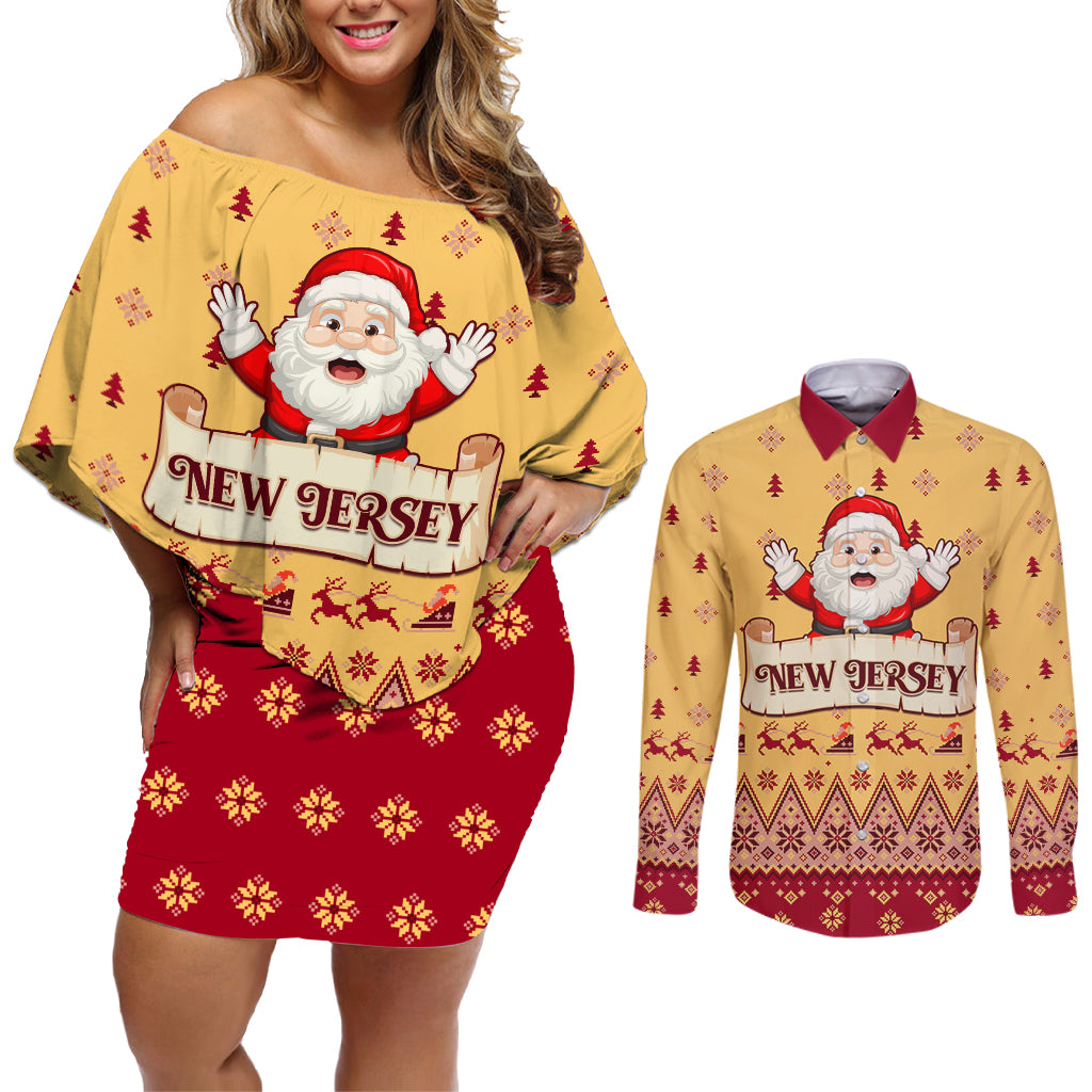 New Jersey Christmas Couples Matching Off Shoulder Short Dress and Long Sleeve Button Shirt Cheerful Santa Claus Xmas Pattern - Wonder Print Shop