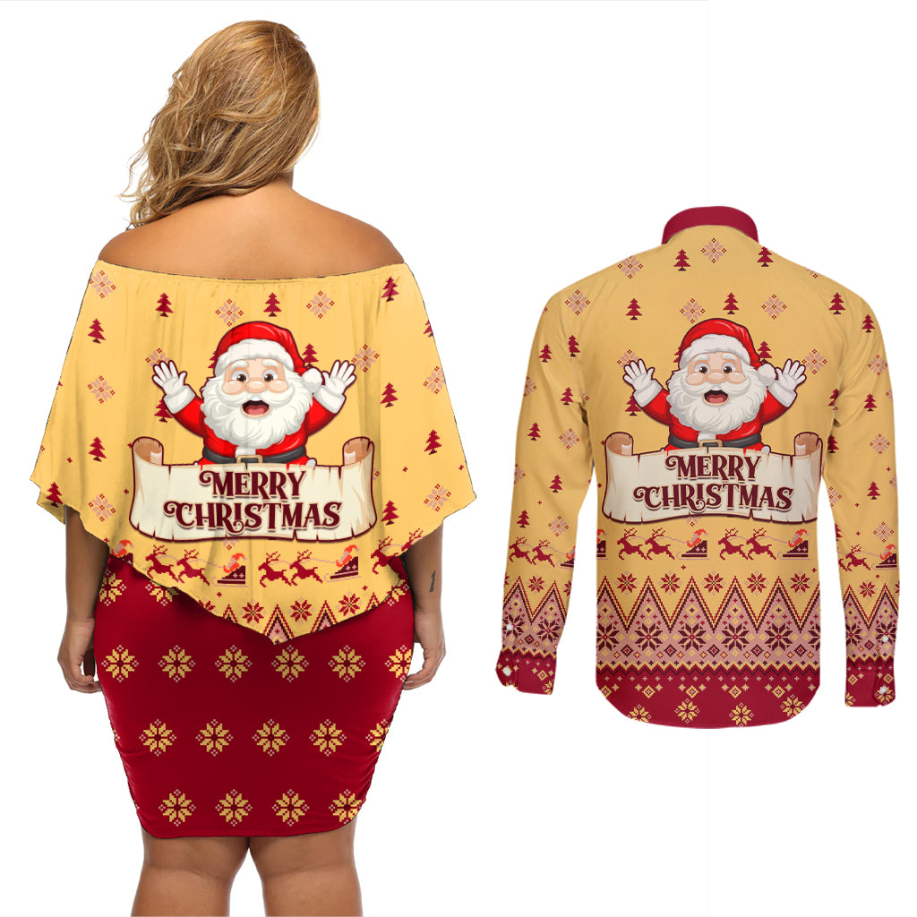 New Jersey Christmas Couples Matching Off Shoulder Short Dress and Long Sleeve Button Shirt Cheerful Santa Claus Xmas Pattern - Wonder Print Shop