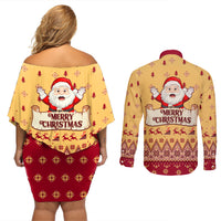 New Jersey Christmas Couples Matching Off Shoulder Short Dress and Long Sleeve Button Shirt Cheerful Santa Claus Xmas Pattern - Wonder Print Shop