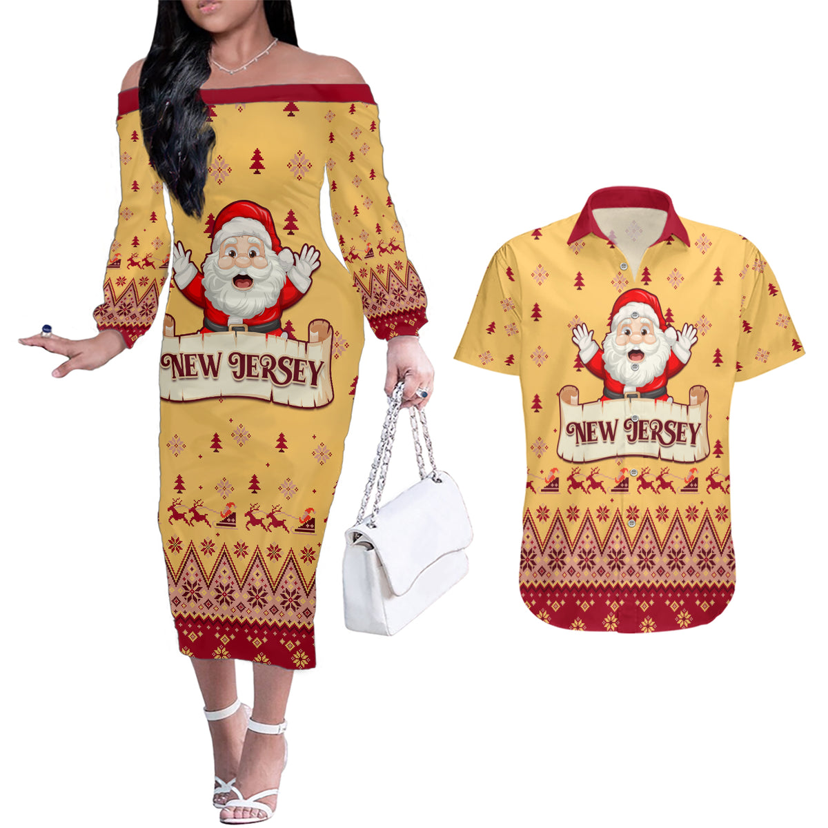 New Jersey Christmas Couples Matching Off The Shoulder Long Sleeve Dress and Hawaiian Shirt Cheerful Santa Claus Xmas Pattern - Wonder Print Shop