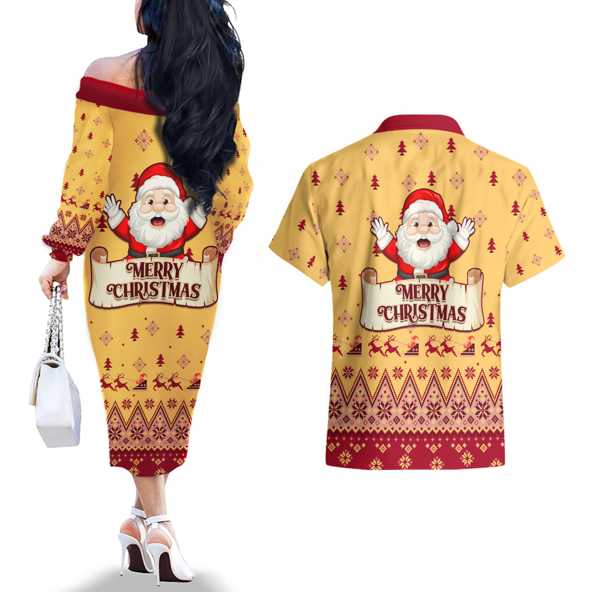 New Jersey Christmas Couples Matching Off The Shoulder Long Sleeve Dress and Hawaiian Shirt Cheerful Santa Claus Xmas Pattern - Wonder Print Shop