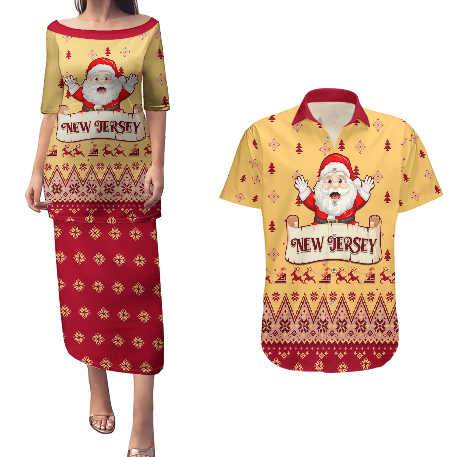 New Jersey Christmas Couples Matching Puletasi Dress and Hawaiian Shirt Cheerful Santa Claus Xmas Pattern - Wonder Print Shop