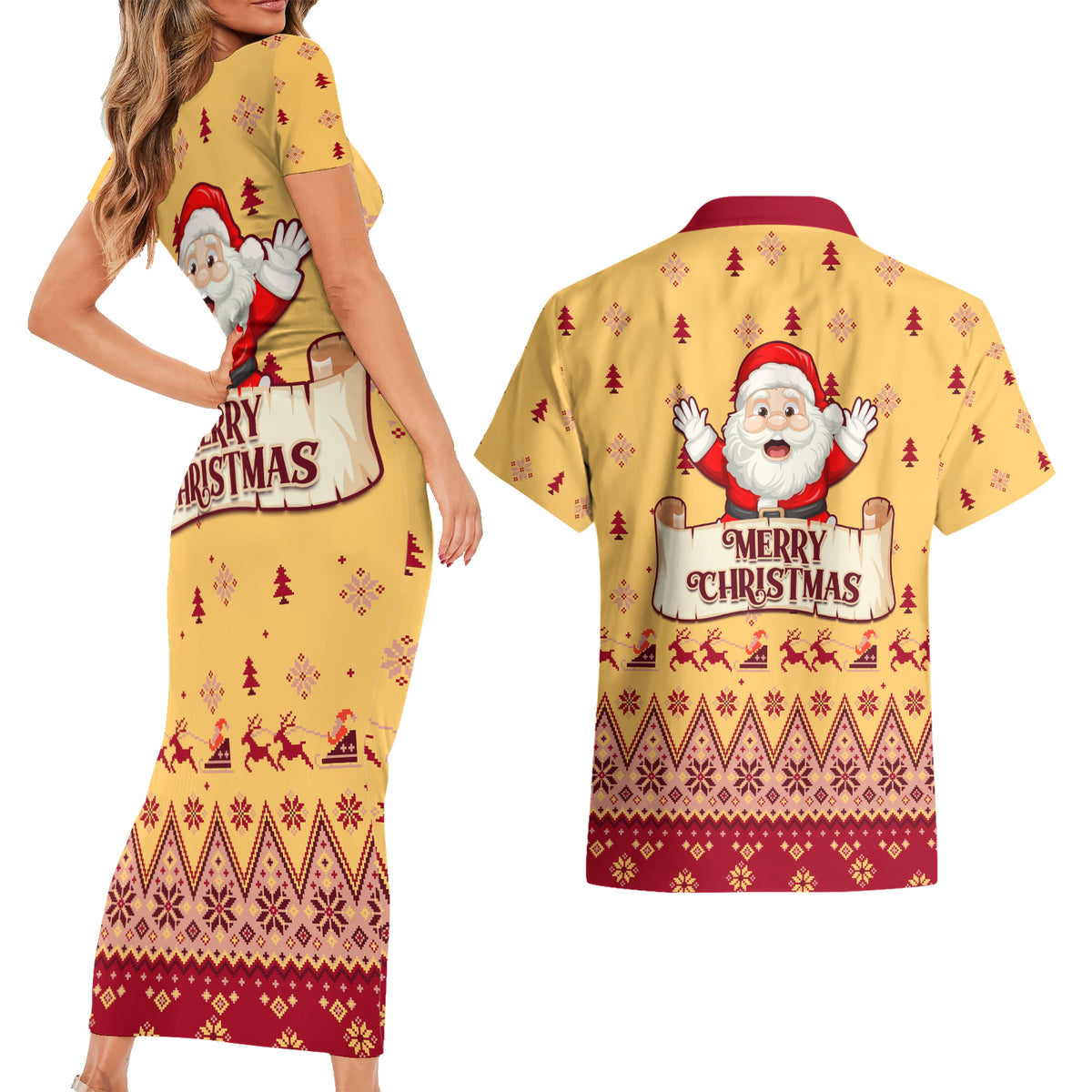 New Jersey Christmas Couples Matching Short Sleeve Bodycon Dress and Hawaiian Shirt Cheerful Santa Claus Xmas Pattern - Wonder Print Shop