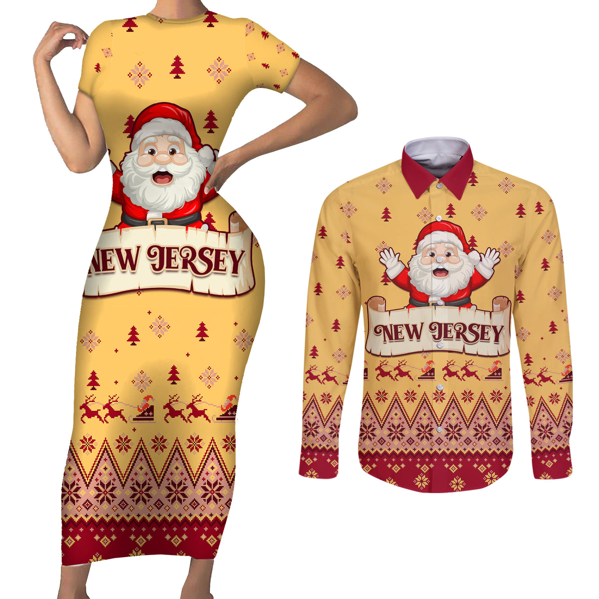 New Jersey Christmas Couples Matching Short Sleeve Bodycon Dress and Long Sleeve Button Shirt Cheerful Santa Claus Xmas Pattern - Wonder Print Shop