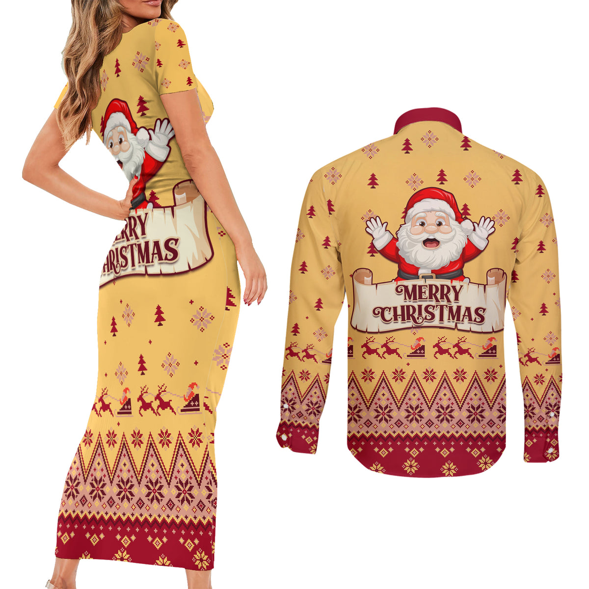 New Jersey Christmas Couples Matching Short Sleeve Bodycon Dress and Long Sleeve Button Shirt Cheerful Santa Claus Xmas Pattern - Wonder Print Shop