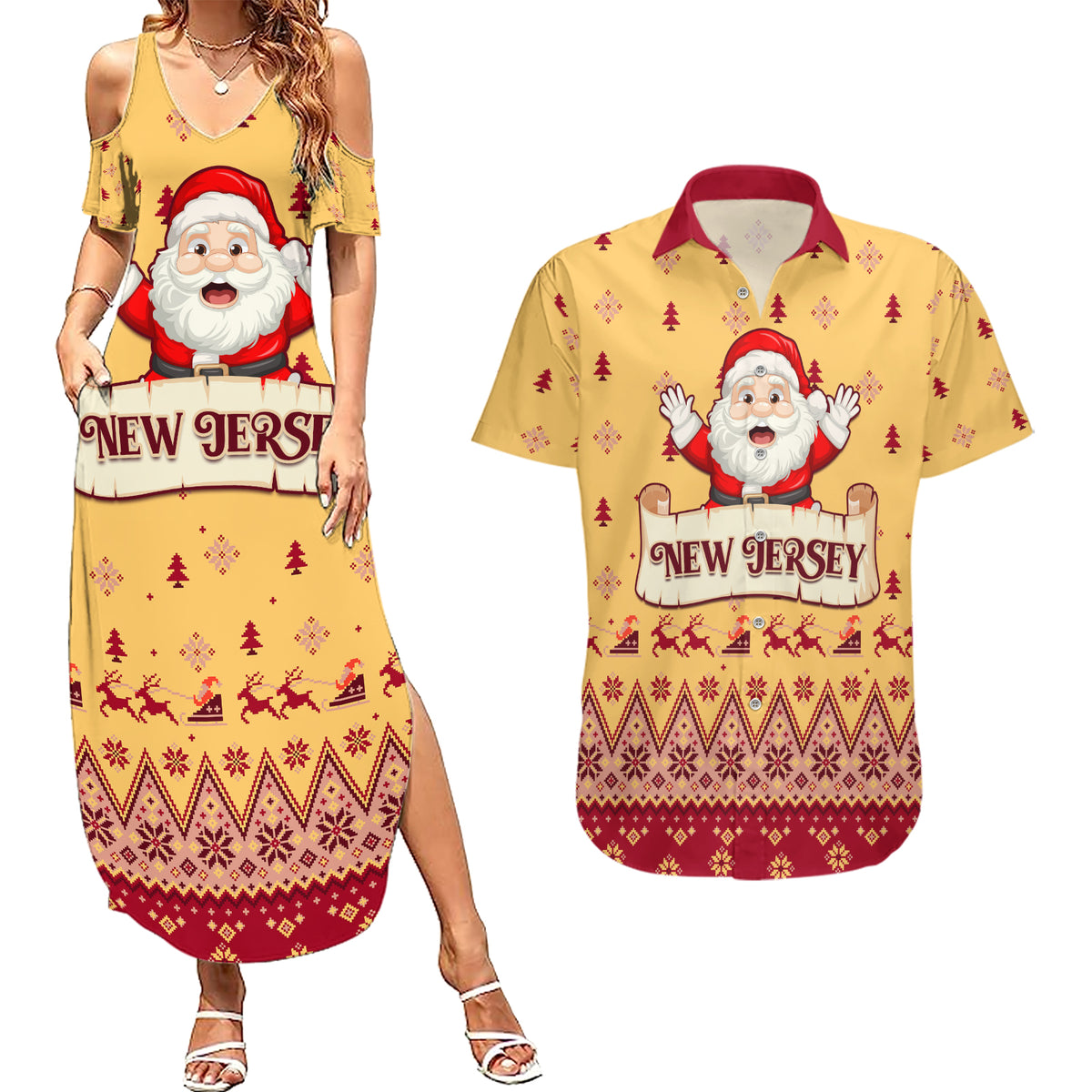 New Jersey Christmas Couples Matching Summer Maxi Dress and Hawaiian Shirt Cheerful Santa Claus Xmas Pattern - Wonder Print Shop