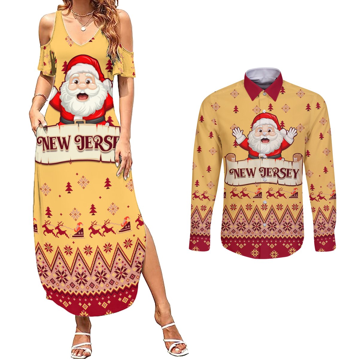 New Jersey Christmas Couples Matching Summer Maxi Dress and Long Sleeve Button Shirt Cheerful Santa Claus Xmas Pattern - Wonder Print Shop