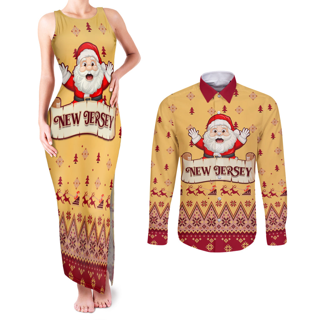 New Jersey Christmas Couples Matching Tank Maxi Dress and Long Sleeve Button Shirt Cheerful Santa Claus Xmas Pattern - Wonder Print Shop