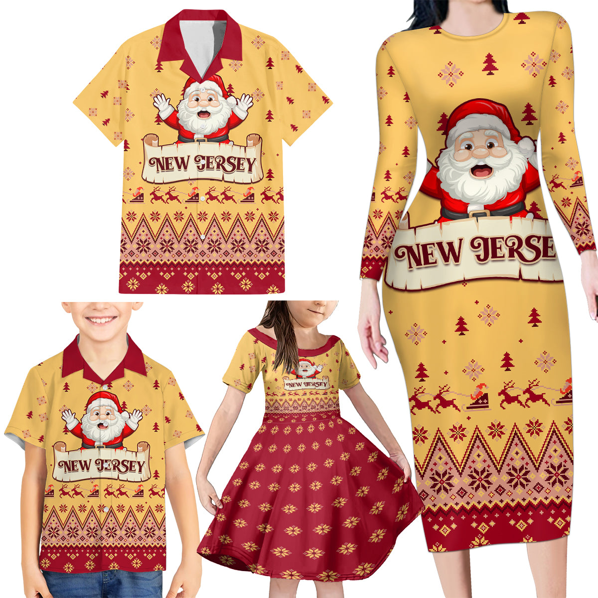 New Jersey Christmas Family Matching Long Sleeve Bodycon Dress and Hawaiian Shirt Cheerful Santa Claus Xmas Pattern - Wonder Print Shop