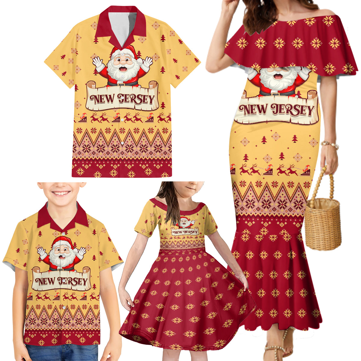 New Jersey Christmas Family Matching Mermaid Dress and Hawaiian Shirt Cheerful Santa Claus Xmas Pattern - Wonder Print Shop