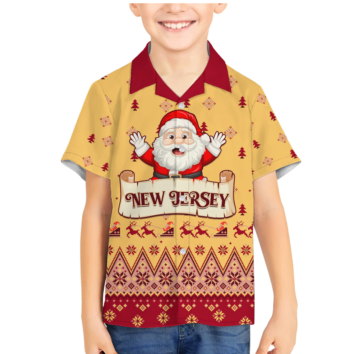 New Jersey Christmas Family Matching Mermaid Dress and Hawaiian Shirt Cheerful Santa Claus Xmas Pattern - Wonder Print Shop