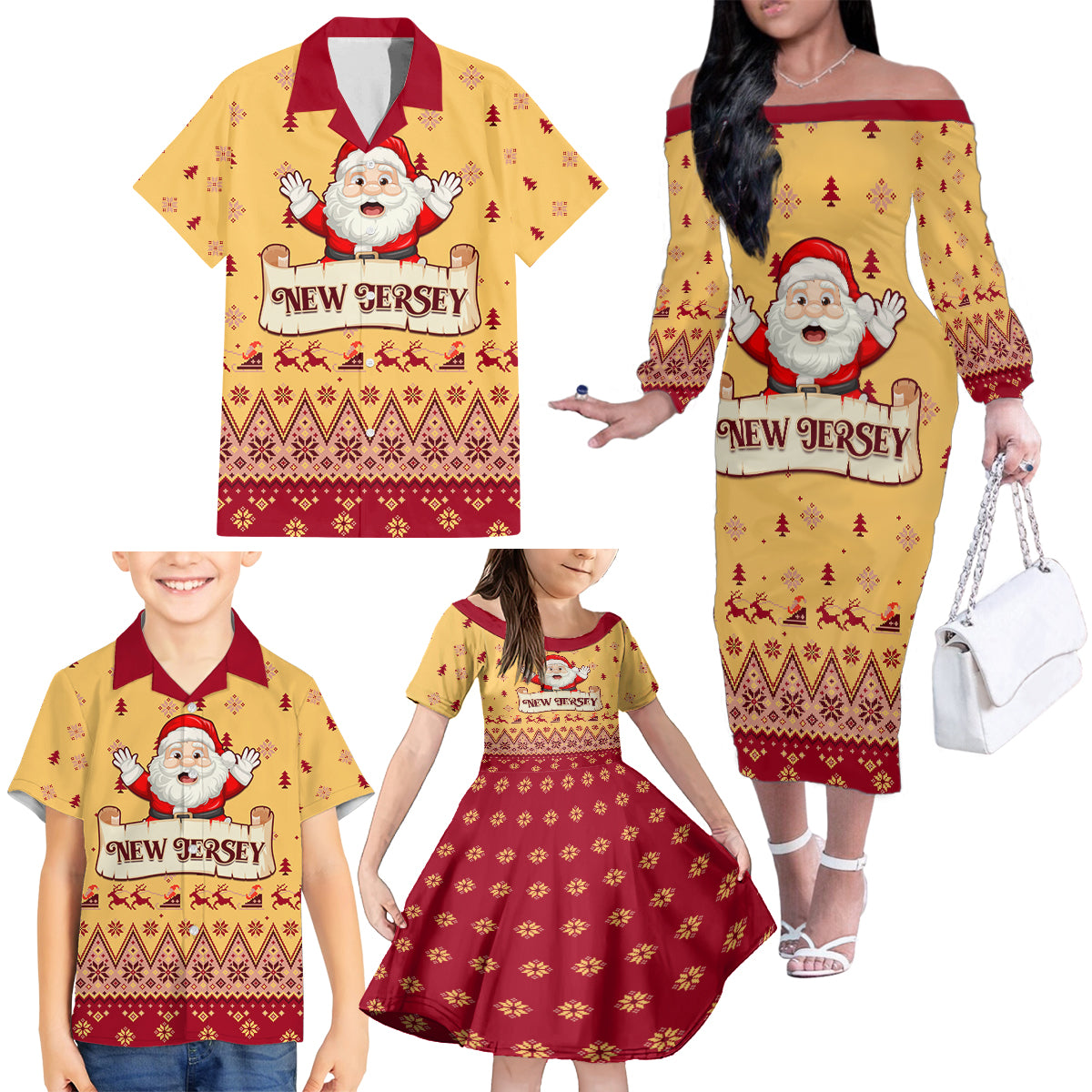 New Jersey Christmas Family Matching Off Shoulder Long Sleeve Dress and Hawaiian Shirt Cheerful Santa Claus Xmas Pattern - Wonder Print Shop