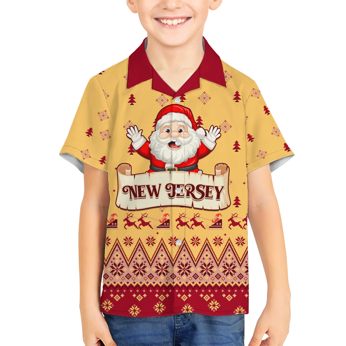 New Jersey Christmas Family Matching Off Shoulder Long Sleeve Dress and Hawaiian Shirt Cheerful Santa Claus Xmas Pattern - Wonder Print Shop