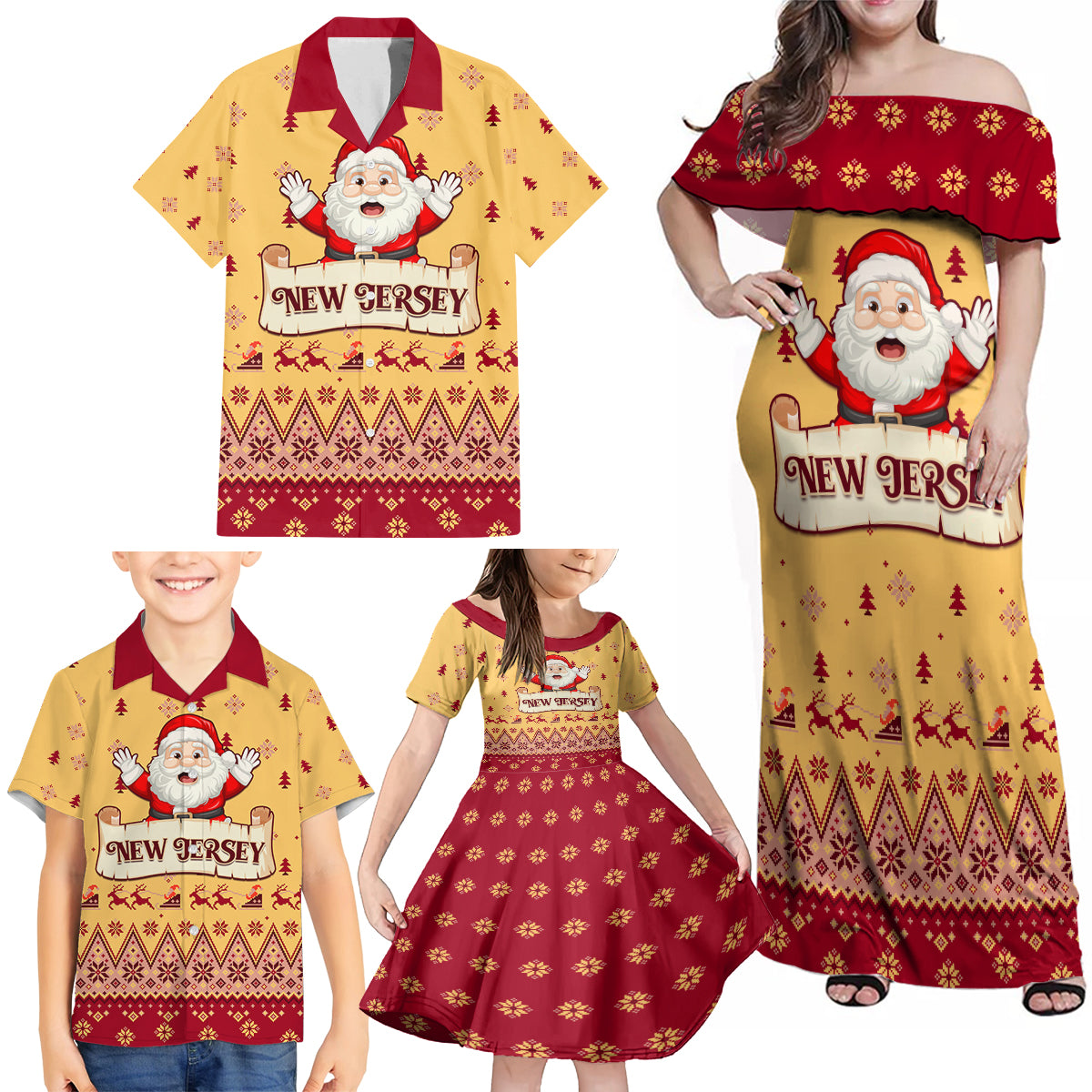 New Jersey Christmas Family Matching Off Shoulder Maxi Dress and Hawaiian Shirt Cheerful Santa Claus Xmas Pattern - Wonder Print Shop