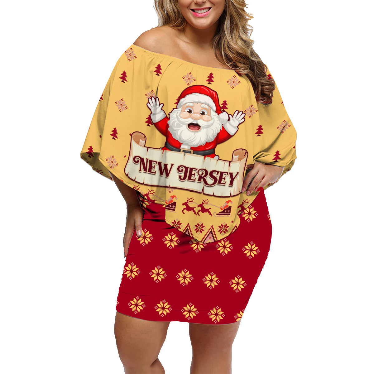 New Jersey Christmas Family Matching Off Shoulder Short Dress and Hawaiian Shirt Cheerful Santa Claus Xmas Pattern - Wonder Print Shop