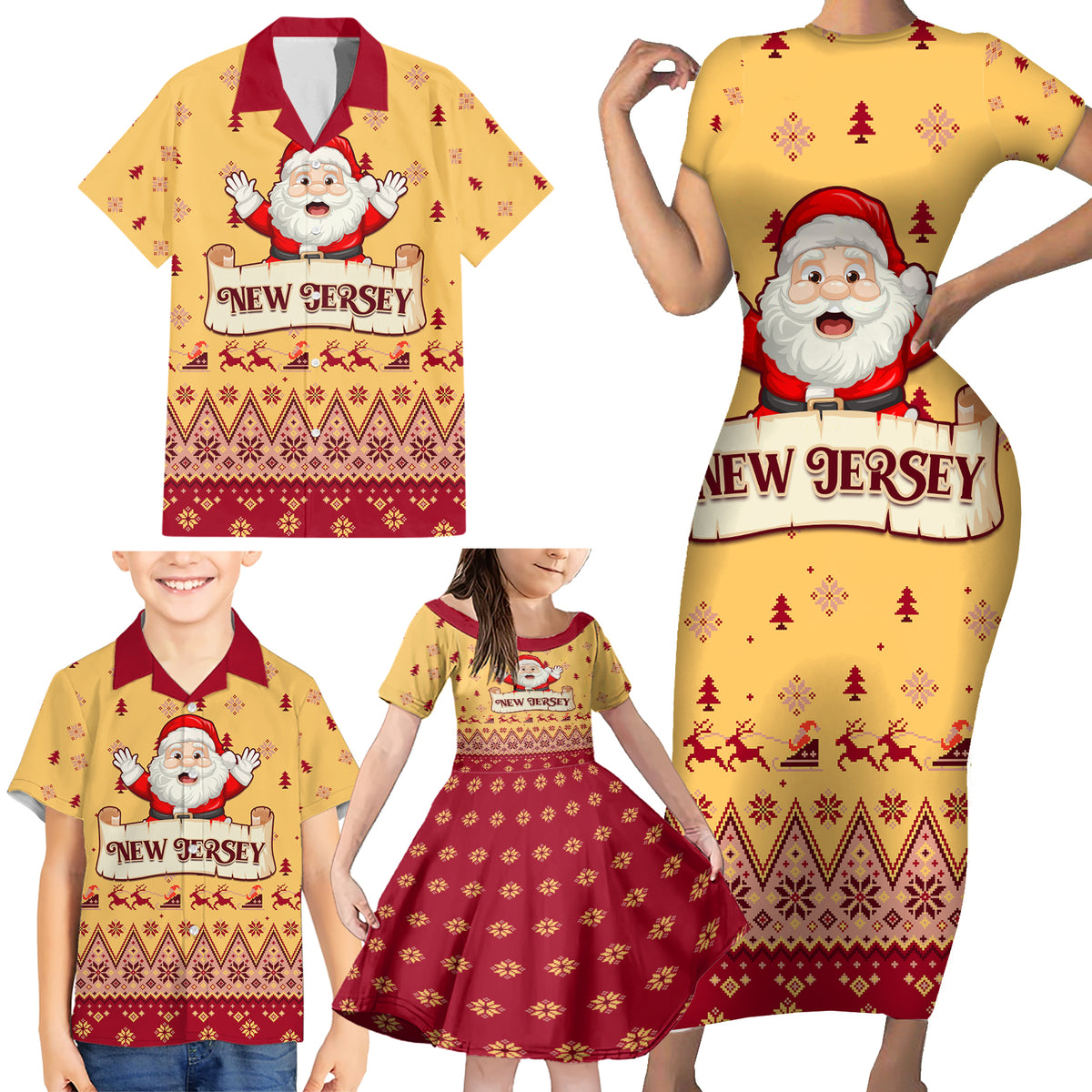 New Jersey Christmas Family Matching Short Sleeve Bodycon Dress and Hawaiian Shirt Cheerful Santa Claus Xmas Pattern - Wonder Print Shop