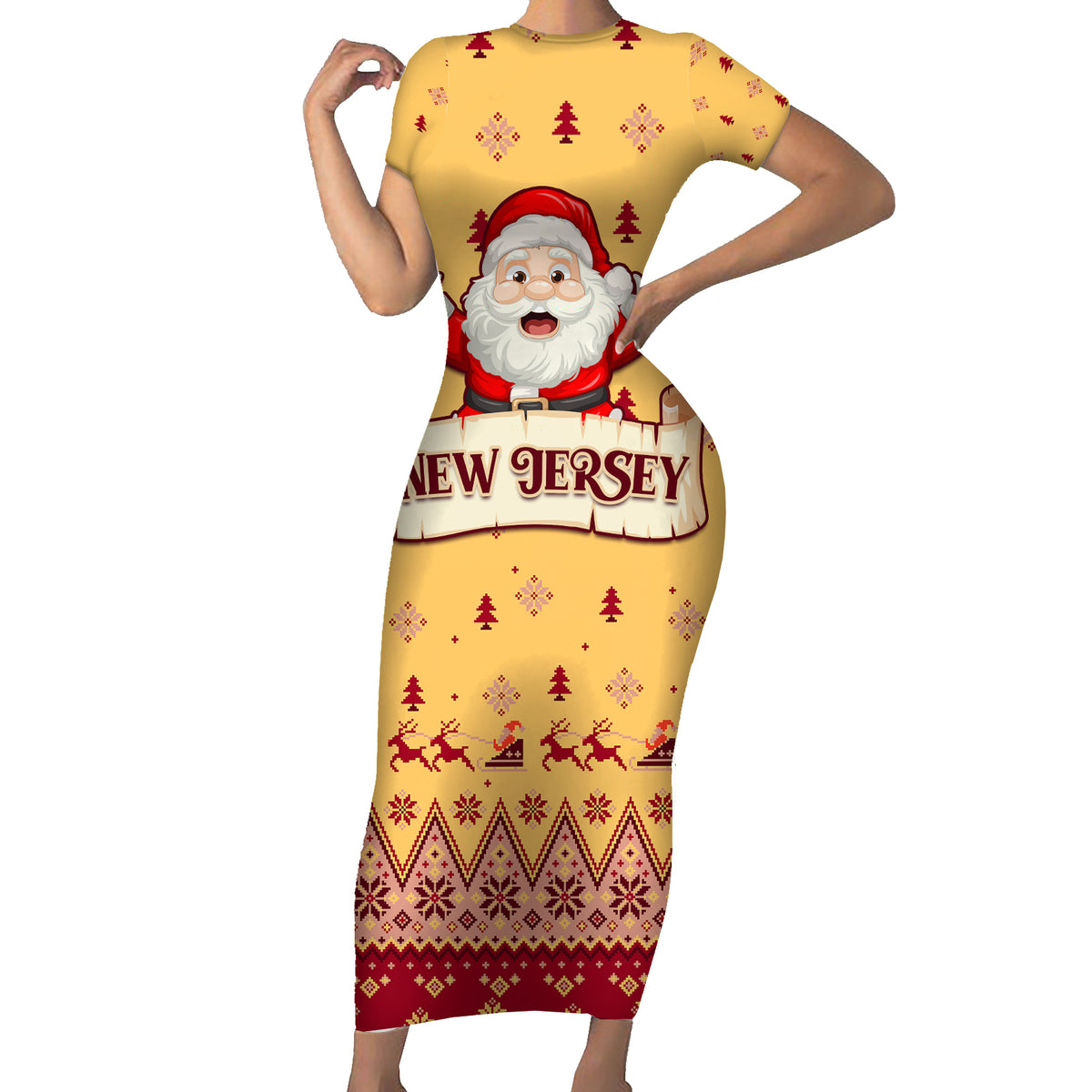 New Jersey Christmas Family Matching Short Sleeve Bodycon Dress and Hawaiian Shirt Cheerful Santa Claus Xmas Pattern - Wonder Print Shop