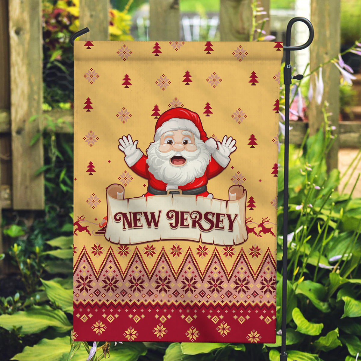 New Jersey Christmas Garden Flag Cheerful Santa Claus Xmas Pattern - Wonder Print Shop