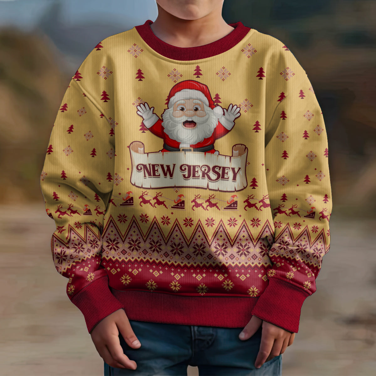 New Jersey Christmas Kid Ugly Christmas Sweater Cheerful Santa Claus Xmas Pattern - Wonder Print Shop