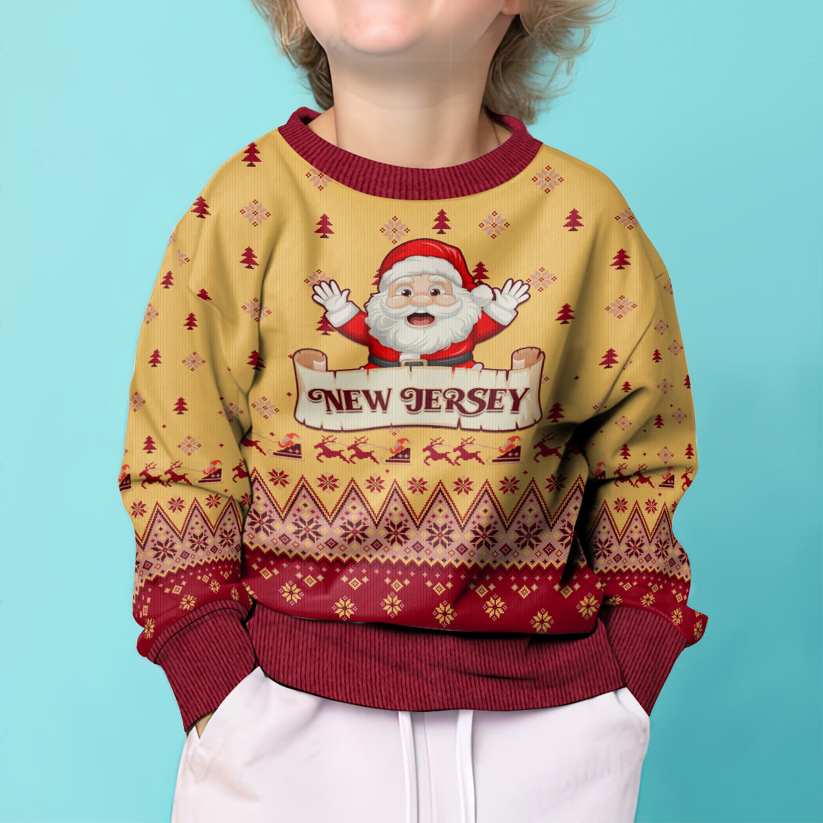 New Jersey Christmas Kid Ugly Christmas Sweater Cheerful Santa Claus Xmas Pattern - Wonder Print Shop